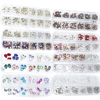 1 Kasse Multi Størrelse Glass Glitter og Rhinestones For Negle Blandede Farver Strass Crystal 3D Charm Perler For Manicure Nail Art Dekoration 8707