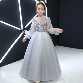 2019Autumn Nye Luksus Børns Prinsesse Blonder Blomster Vært Catwalk Kostume Prom Dress Lille Pige Barn Grå Farve Lange Kjole 15013