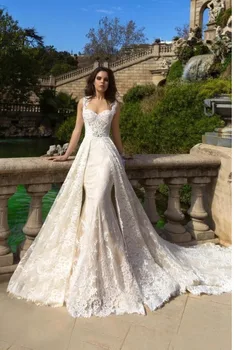 2020 fransk Vintage Elegant 2-i-1-Bryllup Operationskitler Robe De Mariee Fine Broderede med Tyl Aftagelig Tog Bryllup Dresss
