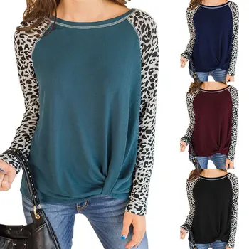 2020 hot stil langærmet O-hals leopard print T-shirt Løs, afslappet kvinder bluse europæiske og Amerikanske Efterår/Vinter toppe 901