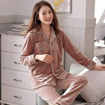 2020 Vinter Pyjamas Sæt Til Kvinder Tykkere Varm Blød, Casual Løs Flannel Kvindelige Nattøj Lange Ærmer Nattøj