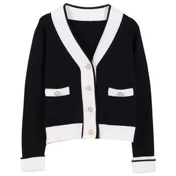 2021 Hvid Sort Solid Strik Cardigans Kvinde Ny Tyk Sweater Pearl Knapper V-neck Cardigan, Jakke, Frakke Outwear Forår, Efterår 14927