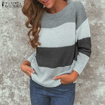 2021 ZANZEA Elegant langærmet Trøjer Mode Patchwork Sweater Kvinder Casual Bluse Kvindelige O-neck Knit Top Plus Size Tunika 22034