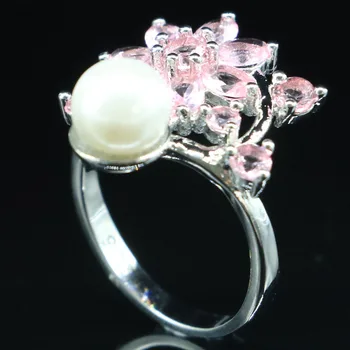 20x17mm SheCrown Smukke Skabt Pink Morganite Hvid Perle Gave Til Damer Sølv Ringe