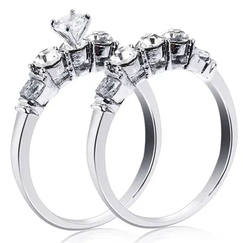 2stk Mode Elegant Sølv Farve Engagement Ring Zircon Krystal Rhinestone Ringe Sæt Til Kvinder, Mænd Smykker Gave