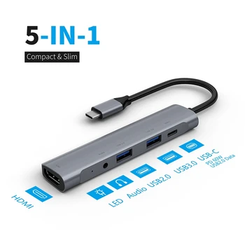 5 i 1 Type C-HUB til HDMI 4K USB 3.0 2.0 USB-C PD 60W Opladning o for Pro/Air Samsung med USB-C Bærbar 4103