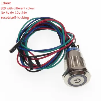 5sæt 19mm 3v, 5v 6v og 12v 24v ositionssymbol Metal LED Power Push Button Switch On-off Vandtæt med 50cm ledningsnet 8526