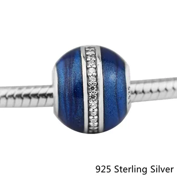 925 Sterling Sølv Smykker Bane Charme Midnat Blå Emalje og Klare CZ-Perlen Passer Mærke, Armbånd, Vedhæng Til Kvinder Smykker