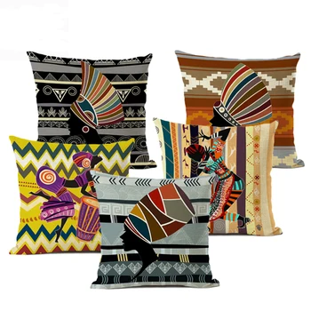 Afrikanske portræt pudebetræk Nordiske stil hjem sofa art dekorativ pude 45 * 45cm linned pude geometrisk mønster