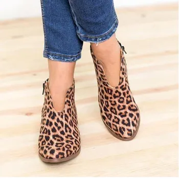 Ankel støvler til kvinder sexy leopard flok læder mid hæle damer sko foråret efteråret vintage korte støvler, støvletter shoes mujer 70820