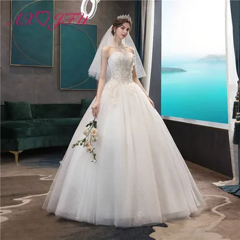 AXJFU prinsesse hvide blonder bruden bryllup kjole part vintage stropløs ærmeløs sikning, krystal blomst champagne brudekjole 15411