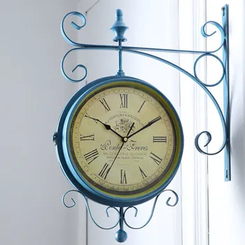 Blå Elegante Dobbeltsidet Væg Ur Luxury Living Room Wall Clock Digital Metal Relogio De Parede Hjem Dekorationer EA50WC 9136