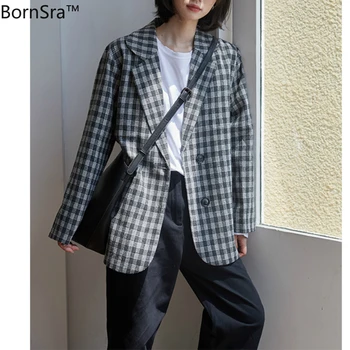 Bornsra 2020 Efteråret Nye Full Almindelig Plaid Kontor Dame Blazer Mujer Lommer Hak koreanske Mode Blazer og bedste Kvindelige 15282