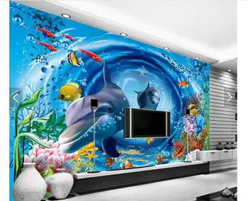 Brugerdefinerede foto tapet 3d vægdekorationer tapet Undersøiske Verden Tegnefilm Dolphin børneværelse Baggrund vægmaleri 10482