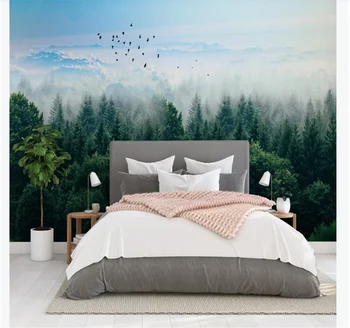 Brugerdefineret baggrund vægmaleri foto væggen Nordisk minimalistisk tåge skov fjernt bjerg fugl baggrund væggen 17412
