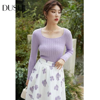 DUSHU Plus size elegante slanke purpel strikket sweater Kvinder twist lange ærmer efteråret sexet pullover Kvindelige strik jumper top 2020 4814