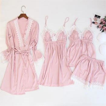 Efterår Forår 4 Stykker Sæt Satin Blonder Elegante Pyjama Kvinder Pink Pyjamas Med Lange Ærmer Lounge Nattøj 5677