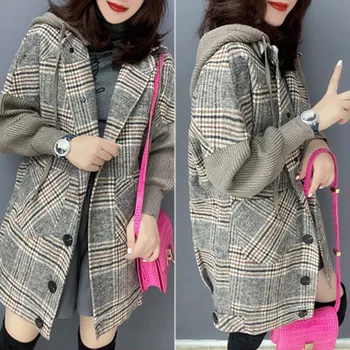 Efterår og vinter fashion koreanske stribet hætte patchwork mellemlange og lange uldne frakke frakke frakke