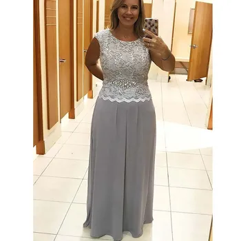 Elegante Plus-size Sølv A-Line Chiffon Lange Mor Elegante Kjoler Aften Kjoler Til Bryllupper 2019
