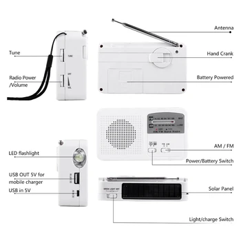 Emergency Radio med Sol og Håndsving Self Drevet, Batteri, USB-Opladning FM/AM-Radio LED Lommelygte Telefon Oplader 5547