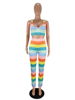 Europæiske og Amerikanske fritid Rainbow Stribe to stykke mode udskrivning U-neck vest og bukser til kvinder, der passer 10306
