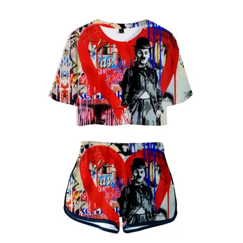 Fitness Tøj CHAPLIN 3D Shorts Og T-shirts Kvinder, To-delt Sæt Græskar Ansigt Sjove Print Afgrøde Top Casual Tøj