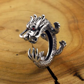 FNJ 925 Sølv Ring Dragon Dyr Justerbar Størrelse Åbne Trendy Populære Ren S925 Sølv Ringe til Mænd, Smykker Red Zircon 15333