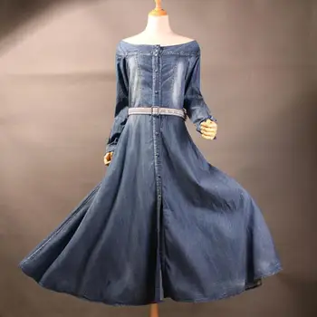 Foråret efteråret Kvinder blomsterbroderier slash hals belted lang denim jeans kjole vintage ankel-længde kjole 1405