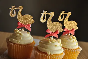 Glitter storke cupcake Toppers baby shower, fødselsdag kage dekorationer, mad picks 5690