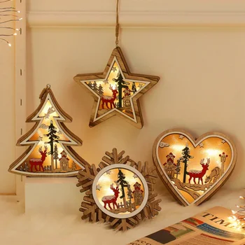 Glædelig Jul Ornament, Malet Træramme Lampe Batteridrift Xmas Tree Hængende Pendel Julegave Kerst Decoratie 25469