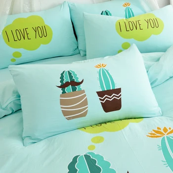 Grøn kaktus strøelse sæt søde solid sengetøj til børn, voksne Rynket dynebetræk 220x240 lagen indstiller fuld king size
