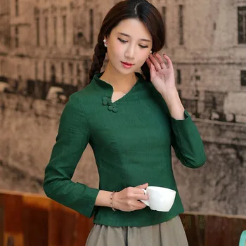 Grønne Halvmåne Krave Skjorte Toppe Mujer Camisa Kvindelige T-shirt Traditionel Kinesisk Dame Bomuld Clothings футболка женская 391