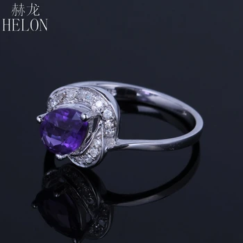 HELON Massivt 14K White Gold Pære 1ct Ægte Natural Amethyst 0.15 ct Diamant Engagement Ring Anniversar Perle Fine Smykker