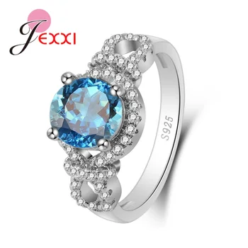 Hot Salg 925 Sterling Sølv Geometriske Ring Med Tydelige Runde Bule Crystal Til Kvinder, Piger Part Engagement Smykker 13946