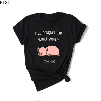 Jeg VIL EROBRE HELE WOELD i MORGEN Lyserøde Gris dyreprint Sort Sommer Toppe, Mode T-Shirt Kvinder Plus Size Tumblr T-shirt Femme 1416