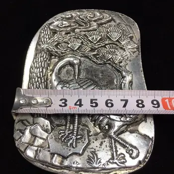 Kinesisk, Tibetansk Sølv Relief Yungang Grotterne Inkstone Plade med silver pine kran Inkstone 2227