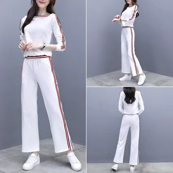 Koreanske Kvinder 2 delt Sæt med Top Og Bukser, Hvide Kvinder To Stykke Tøj Casual Kvinders Træningsdragter Mode Top&bukser Sæt Træningsdragt 17455