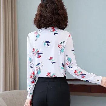 Koreanske Kvinder Shirts Chiffon Bluser for Kvinder langærmet Skjorte Kontor Dame Shirts Print-Toppe Plus Size Kvinde Blomstret Bluse XXXL 3601