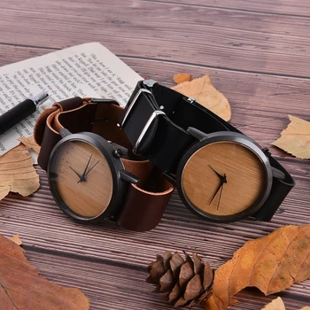 Kreative Træ-Ure Mekaniske Ure Mænd Bambus Moderne Armbåndsur Analog Natur Træ Mode Blødt Læder Gaver