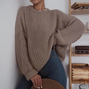 Kvinder Mode O-hals Løs Pullover Solid Farve Lange Ærmer Sweater Toppe 21475