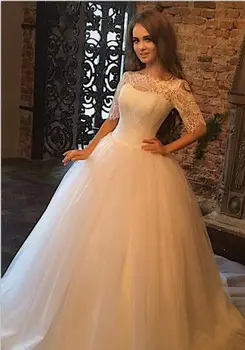 Lace brudekjoler 2019 Vestidos de Novia Tyl Blonder Halv Ærme Gelinlik Billige Brude Kjoler 3260