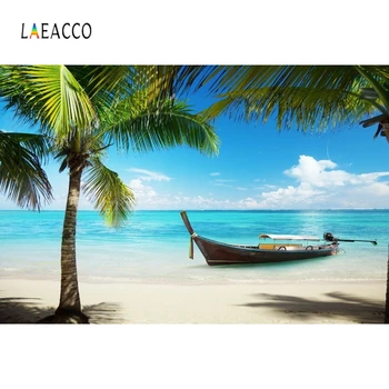 Laeacco Sommeren Himlen Skyer over Havet Beach Palms Træ Båd Fotografering Baggrunde Tilpasset Fotografiske Kulisser til Foto-Studio 8381
