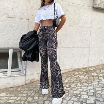 Leopard Pint Bandage Kvinders Flare Pants Foråret Høj Talje Kvindelige Lange Bukser Efteråret 2021 Tendens Casual Streetwear Damer Bunde