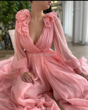 LORIE Vintage Prom Kjoler V-Hals Læg Side Split Pink Lange Ærmer, Lange arabisk Aften Kjole Kendte Party Dress 2021 16636