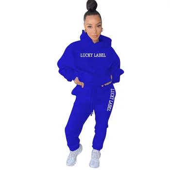 Lucky Label Embroidery Long Sleeve Hooded Sporty Hoodie and Drawstring Jogger Sweatpant 2021 Fall Women Workout Two Piece Outfit 20022