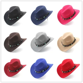 LUCKYLIANJI Uld Filt Vestlige Cowboy Hat Til Kid Barn Wide Brim Tøser Kallaite Flettet Læder Band (Størrelse:54cm,Justere Reb) 30927