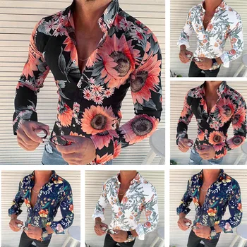 MONERFFI Mænd er Blomstret Skjorte med Lange Ærmer Casual Skjorte Mode Steg Blomst 3D Printet Turn-down Krave, Slank Hawaii Skjorte Til Herre
