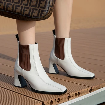 MoonMeek 2020 Nye ankomst høje hæle damer sko i ægte læder støvler efterår og vinter slip-on ankel støvler til kvinde 6963