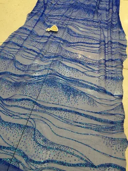 Nigerianske net franske blonder, tyl stof med pailletter bryllup/fest / aften kjole S97 glimmer stof i royal blå 1649