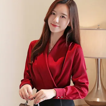 Ny koreansk Stil, med Lange Ærmer V-hals Kvinder Bluser Kontor Damer ensfarvet Tunika Shirts Efteråret Alle Match Toppe 616
